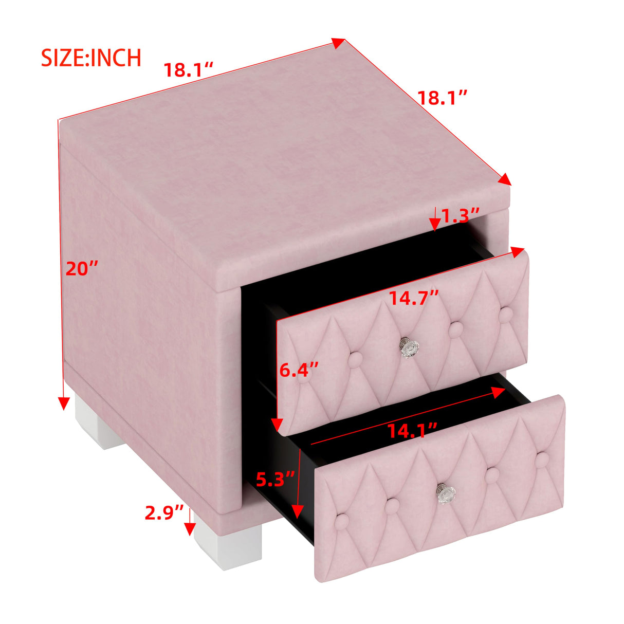 Merax Nightstand with Storage Drawers, Upholstered Velvet Bedside End Table for Small Bedroom, Pink Merax