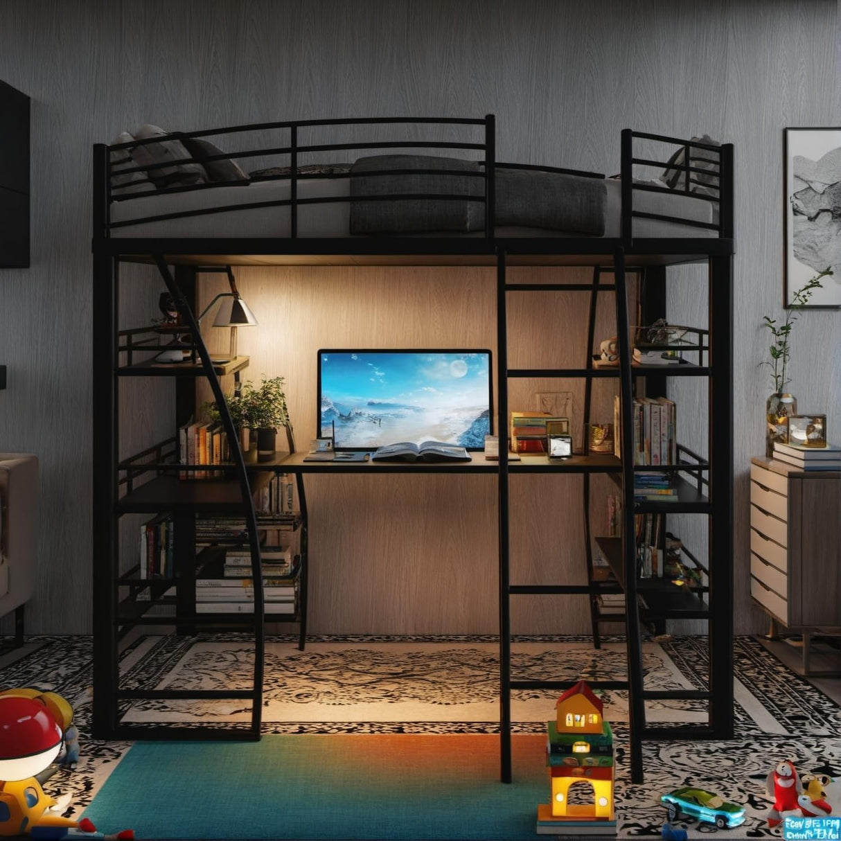 DNYN Full Size Loft Bed with Desk & Shelves & Sockets & USB Ports & Wireless Charging Design,Sturdy Metal Bedframe w/Ladder & Safety Guardrails,Perfect for Dorm,Bedroom,Guest Room, Black DNYN