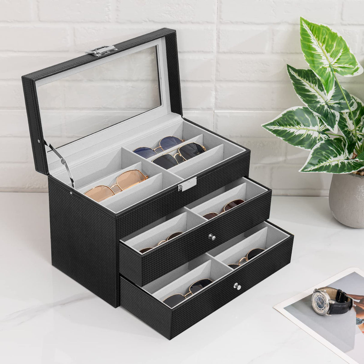 Oyydecor Sunglasses Organizer for Women Men, 3-layer 18 Slots Glasses Case Sunglass Eyeglasses Collector Eyewear Display Storage Box with Drawer Clear Glass Top, Carbon Fiber, Black Oyydecor