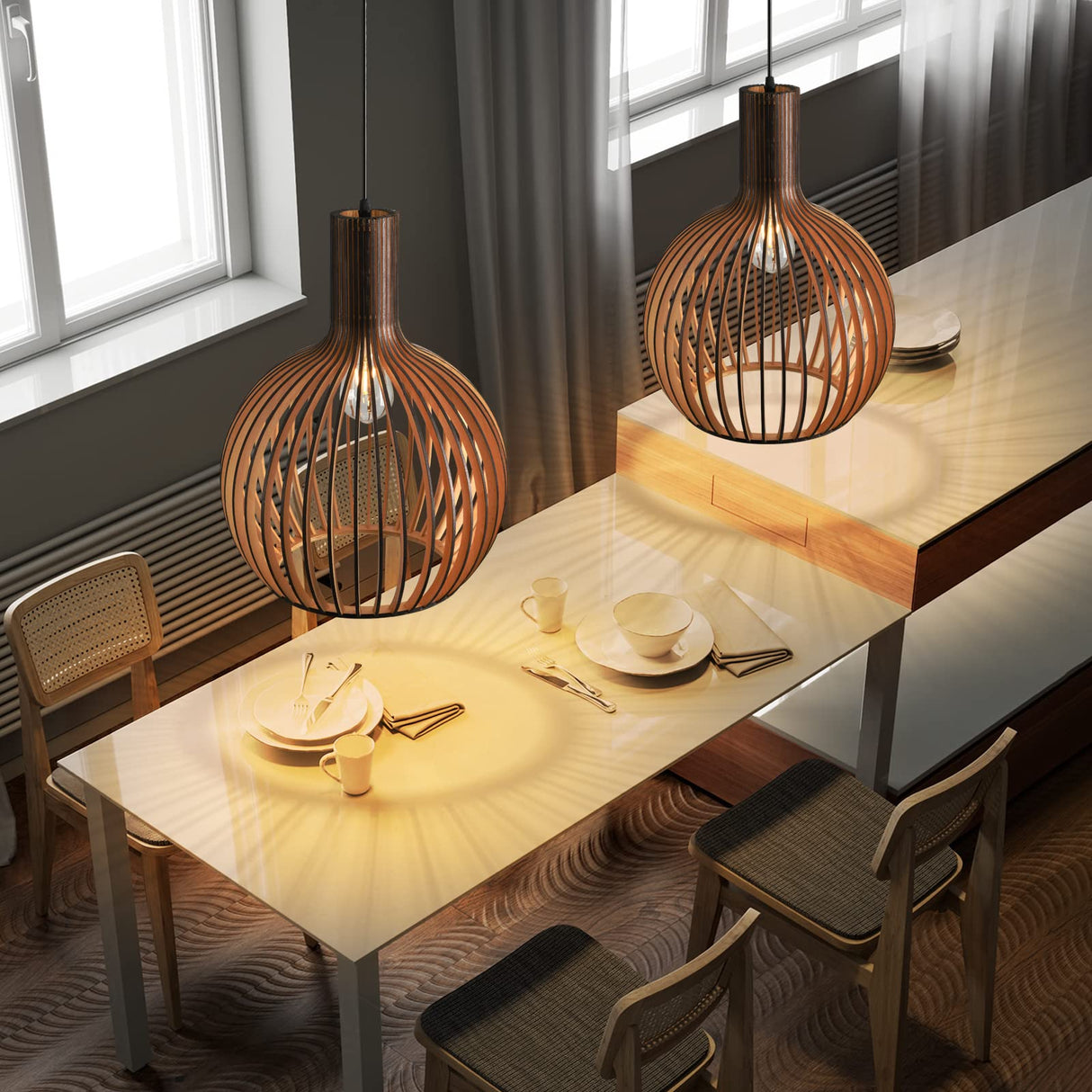 YNDD Wood Pendant Light, E26 Base Hanging Lamp Indoor, Natural Wooden Hand Made Chandelier, Boho Height Adjustable Dining Table Hanging Lamp for Hotel Bar Café Kitchen Island Hallway Entryway YNDD