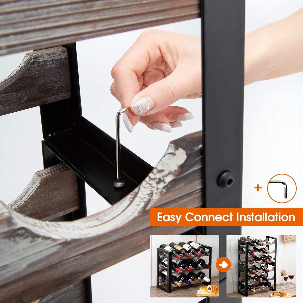 JACKCUBE Design Wine Rack Freestanding Floor 3 Tier Stackable 12 Wine Bottle Holder Storage Racks Countertop, Liquor Shelf Stand (Rustic Wood and Black Metal Frame)- MK521A J JACKCUBE DESIGN