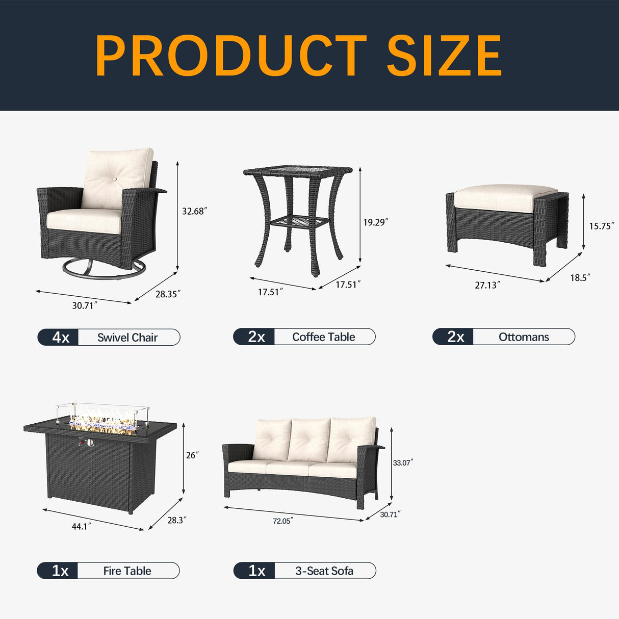 FUARTIO 10 Pieces Outdoor Patio Furniture Set with Fire Pit Table, Wicker Patio Sectional Set Conversation Wicker Swivel Chairs with Small Side Table FUARTIO