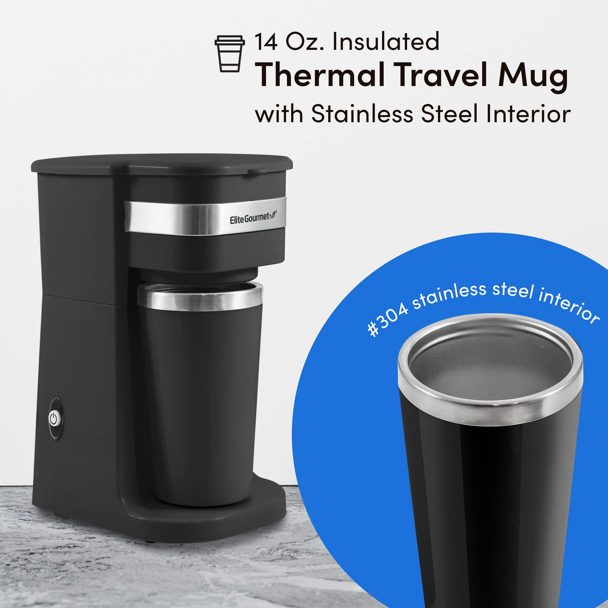 Elite Gourmet EHC114 Personal Single-Serve Compact Coffee Maker Brewer Includes 14Oz. Thermal Travel Mug with Stainless Steel Interior, Compatible with Coffee Grounds, Reusable Filter, Black Elite Gourmet