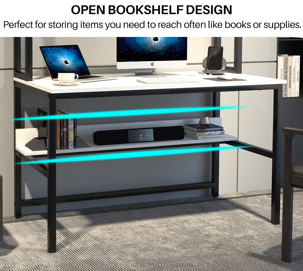 Aquzee White Computer Desk with Hutch and Shelves - Easy Assembly Gaming Table with 4 Tiers for Storage and Study Aquzee