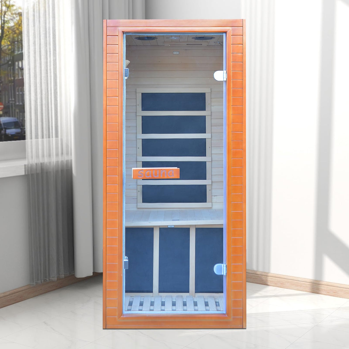 Sauna Mini 1 Person Low EMF Infrared Home Sauna,Hemlock Wood 5 Heating Panels Dry Indoor Sauna,1200W/110V Far Infrared Sauna With Led Reading Lamp,Bluetooth Speakers,Oxygen bar,Digital Controller Prahalum