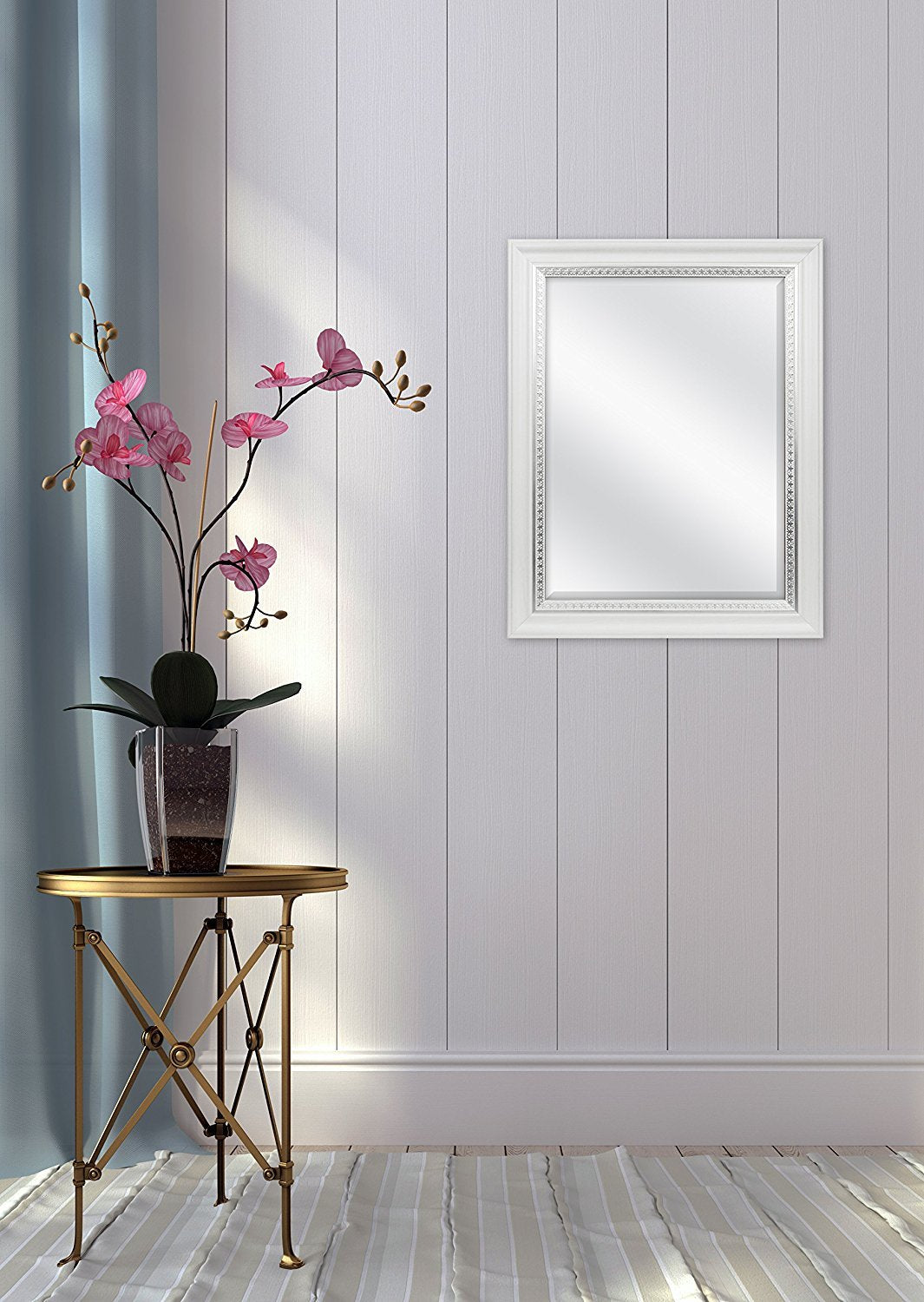 MCS 23x29 Large Wall Mirror, White Woodgrained Frame with Silver Embossed Detail & Beveled Detail Mirror, Vertical & Horizontal Wall Hanging Mirror for Bathroom, Bedroom & Livingroom MCS