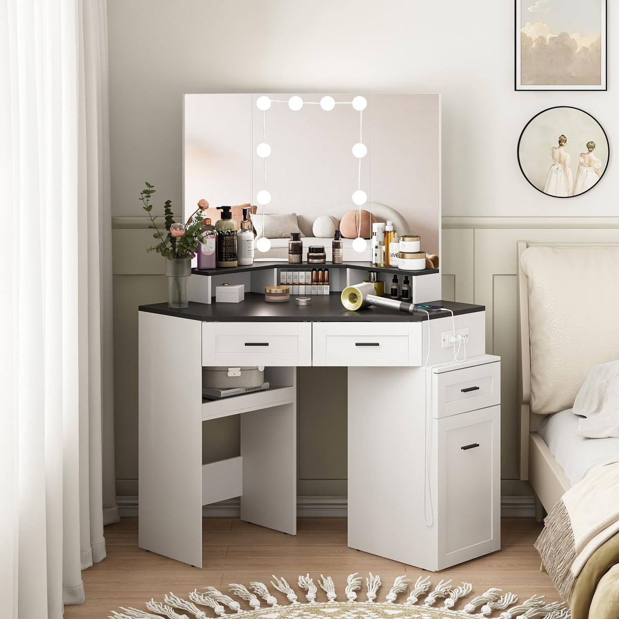 Fameill Corner Vanity Desk with Tri-Fold Mirror and Adjustable Light, Makeup Dressing Table with Power Outlet, 3 Drawers, Sliding Cabinet, Open Shelves, White Vanity Desk for Bedroom, Women, and Girls Fameill