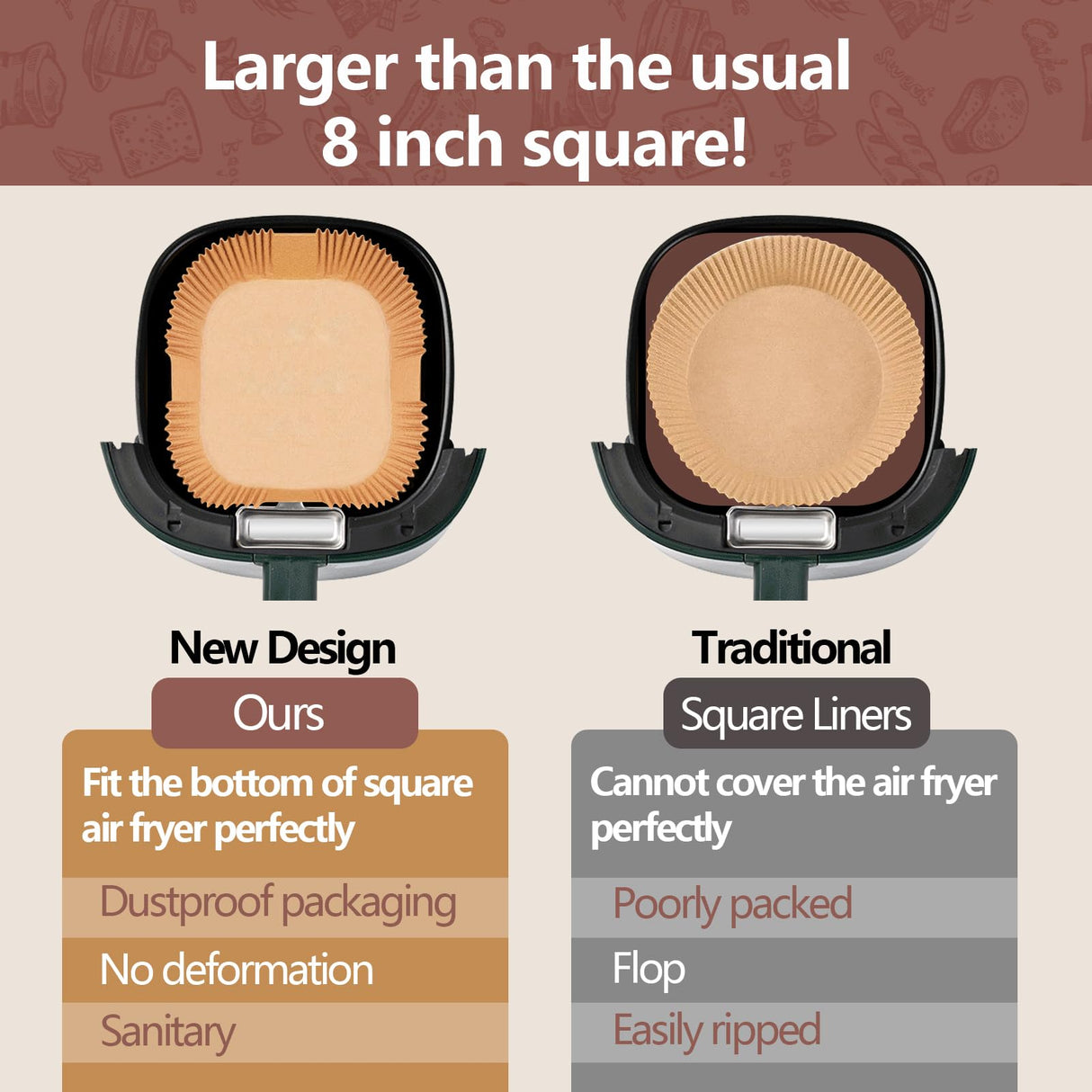 UBeesize 9 Inch Air Fryer Paper Liners,200 PCS Parchment Paper, Air Fryer Disposable Paper Liner for Microwave, Non-Stick Air Fryer Liners Square Free of Bleach(Bottom size 8 Inch) UBeesize