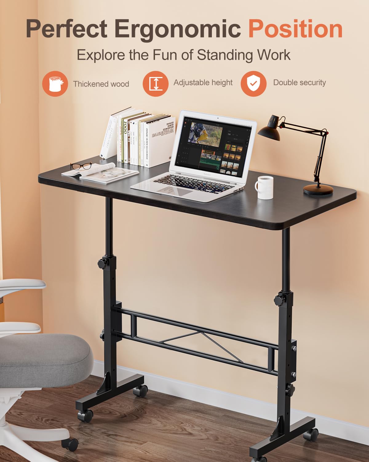 Small Standing Desk Adjustable Height, Mobile Stand Up Desk with Wheels, 32 Inch Portable Rolling Desk Small Computer Desk, Portable Laptop Desk Standing Table Black Amztabler