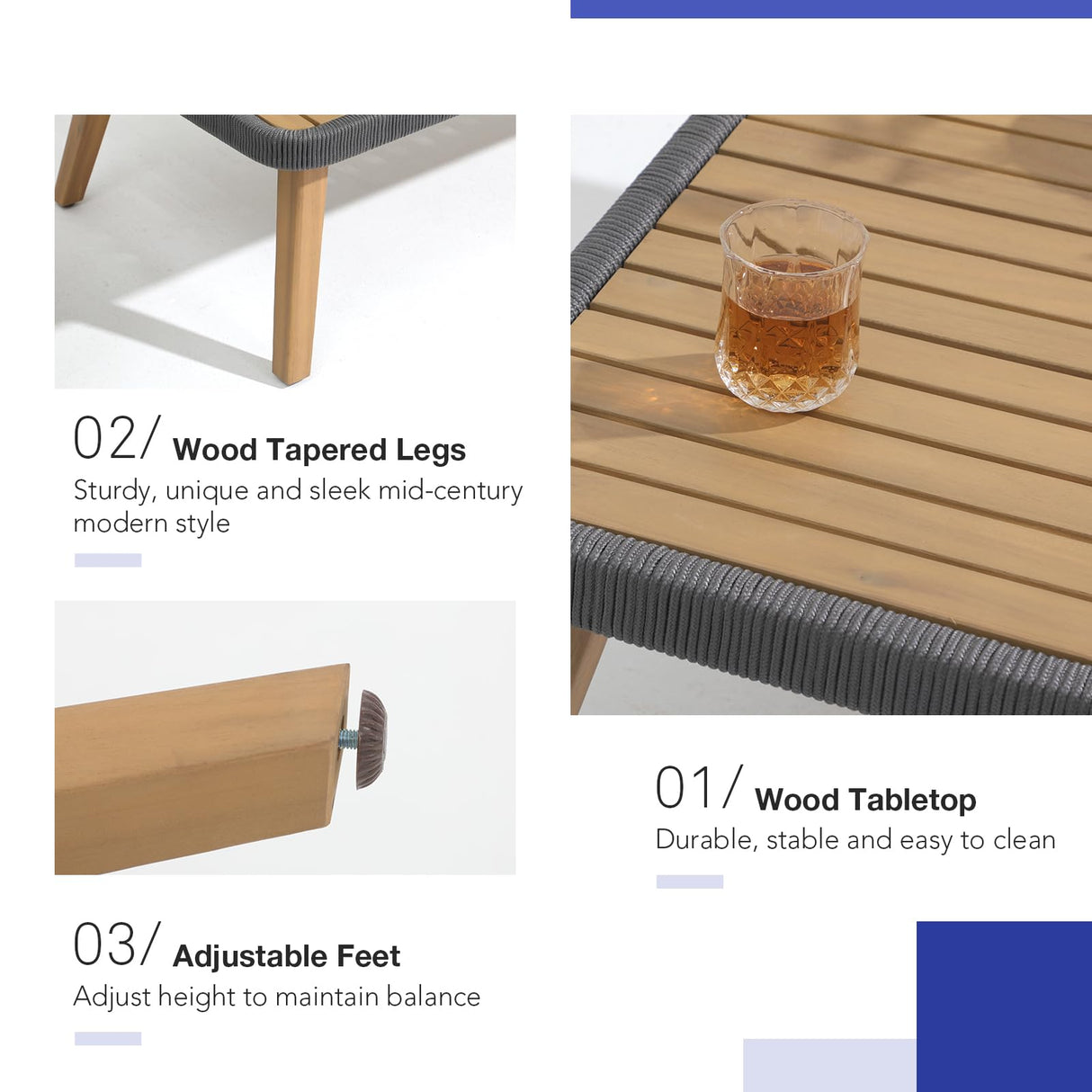 Patiorama 4 Piece Patio Furniture Set, Outdoor FSC Certified Acacia Wood Conversation Set, All-Weather Rope Sofa Set w/Coffee Table, Loveseat, Modern Deep Seating Set for Lawn Balcony Poolside, Grey Patiorama