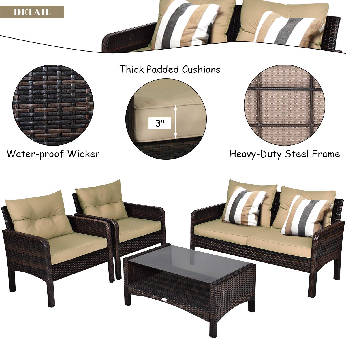 Tangkula 4 Piece Patio Furniture Set, Outdoor Wicker Conversation Set with Glass Top Coffee Table, All Weather Proof and Thick Cushions, Suitable for Porch, Garden, Poolside and Lawn (Brown) Tangkula