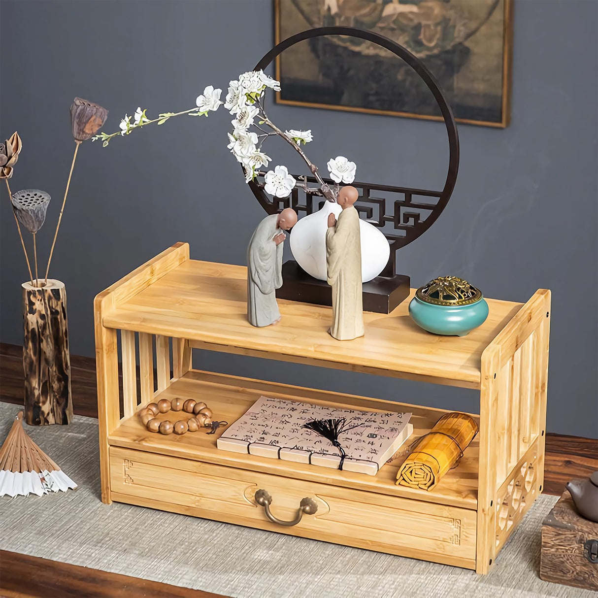 BIRDFBA 2-Tier Meditation Altar Table with Drawers 100% Bamboo Coffee Table Green BIRDFBA