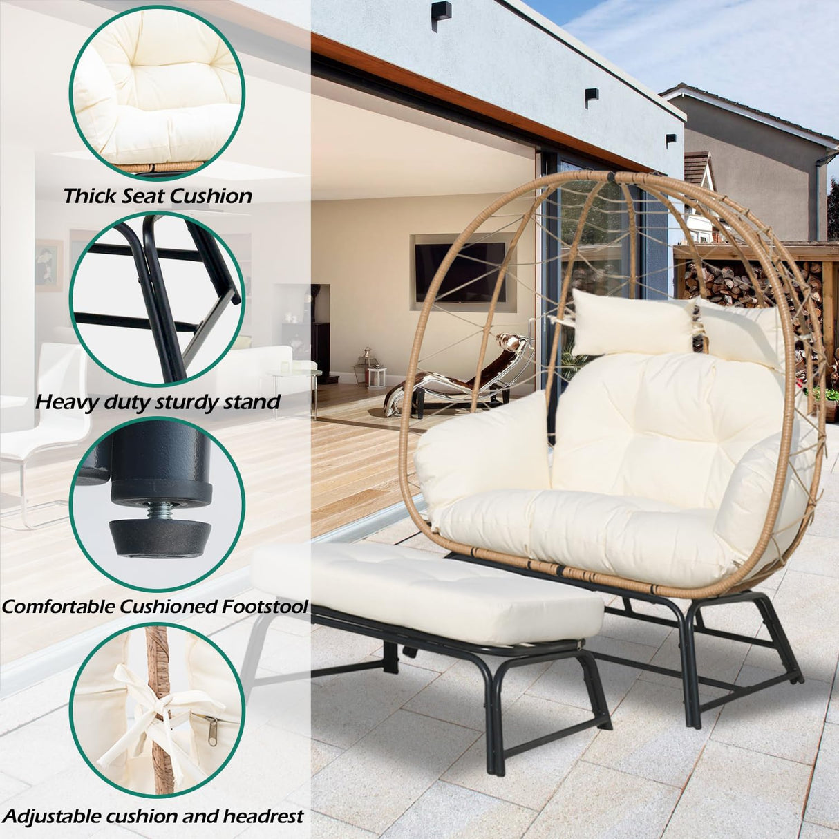Nevsokio Double Wicker Outdoor Egg Chair,Lounge Chair with Ottoman,Oversized Patio Chair with Footrests,Cushions, Outdoor Indoor Rattan Chair (Rope, White) Nevsokio