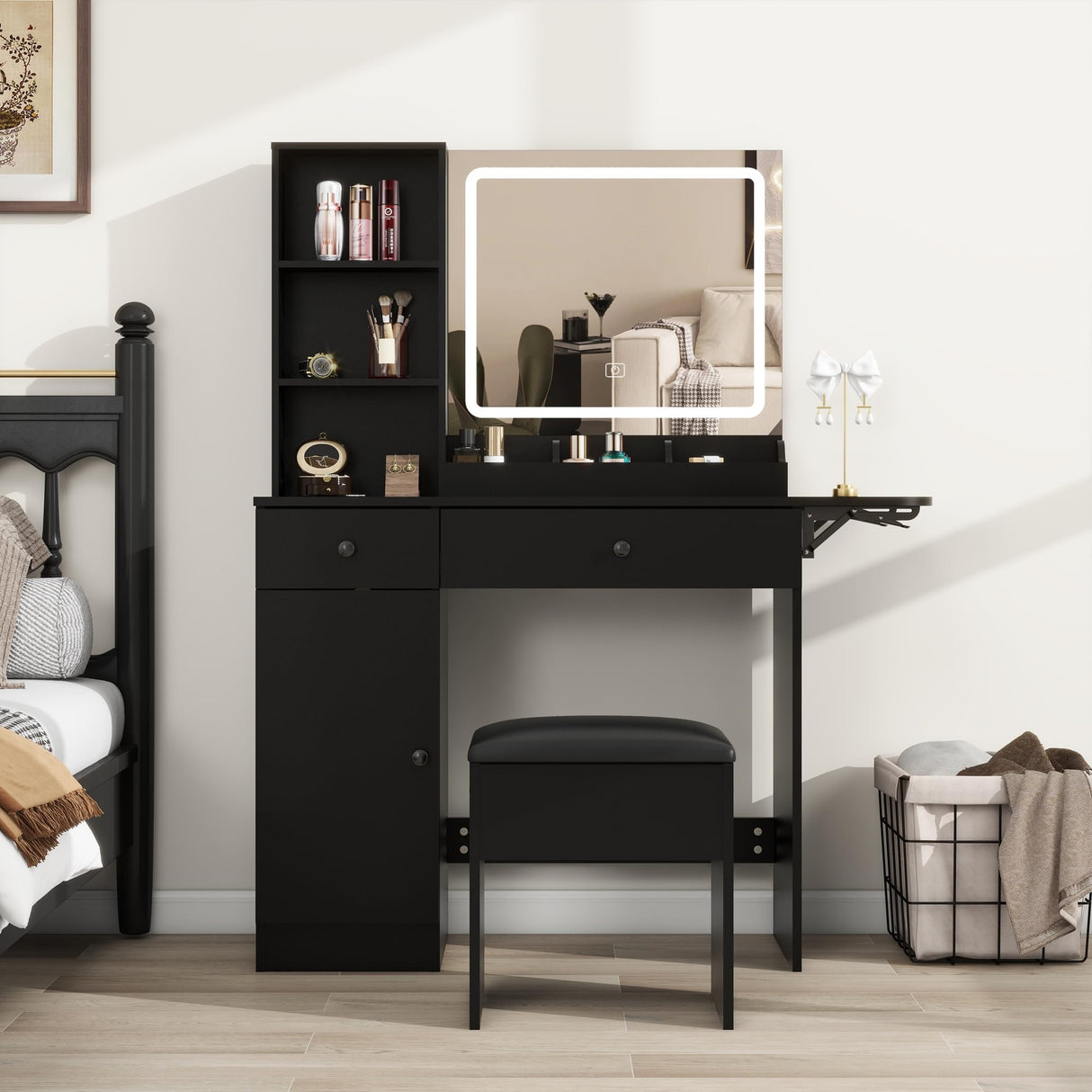 Vanity Desk Set with Mirror and LED Lights, Makeup Table with 2 Drawers & 1 Cabinet, Power Outlet, Storage Cushioned Stool, Dressing Table for Bedroom (Black) Panana