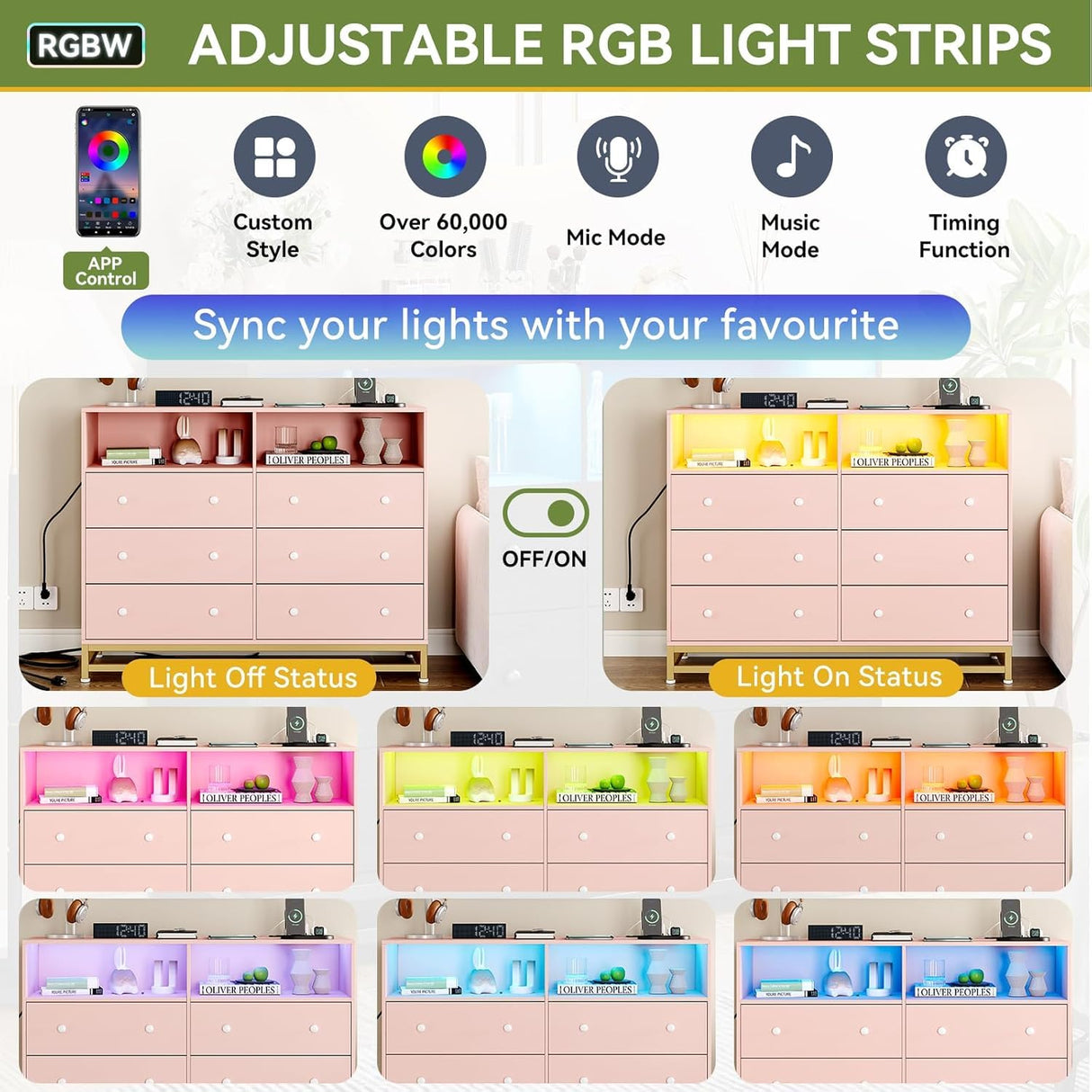 Klysiora Dresser for Bedroom with 6 Drawers, Wide Wooden Dresser with LED Light and Charging Station, Large Storage Space, Modern Storage Organizer Unit for Closet, Entryway Klysiora