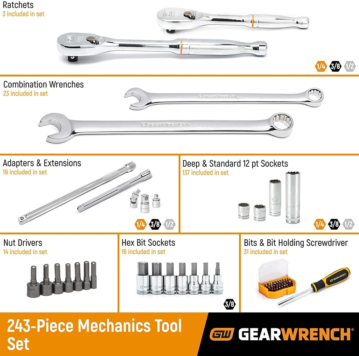 GEARWRENCH 243 Pc. 12 Pt. Mechanics Tool Set in 3 Drawer Storage Box - 80972 GEARWRENCH