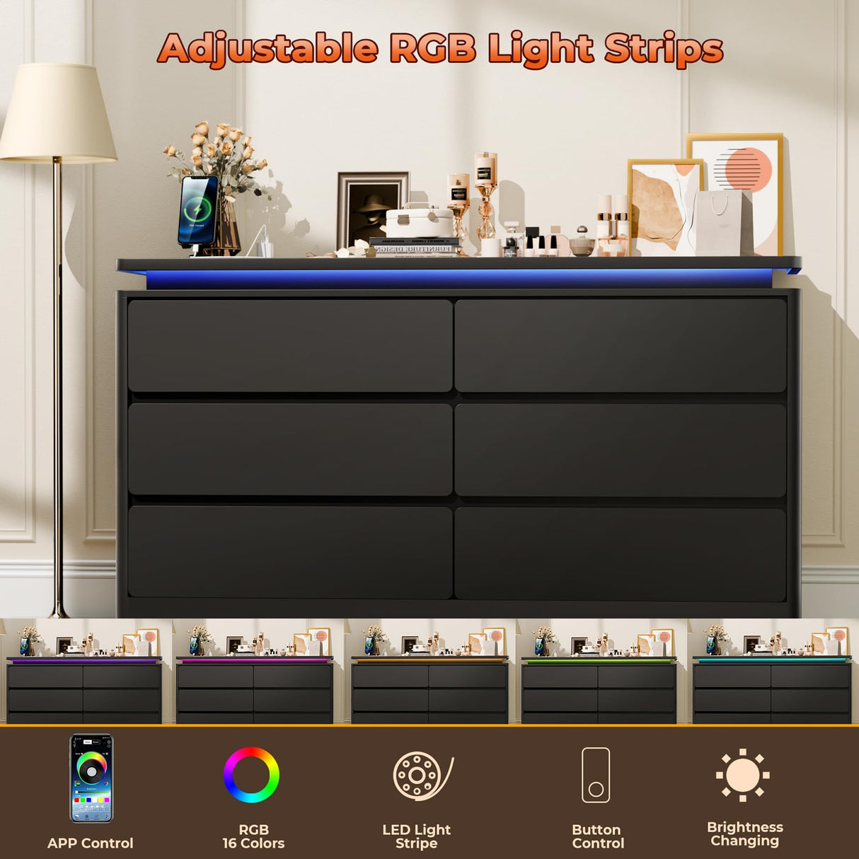 Upgraded 6 Drawer Black Dresser for Bedroom, 47.2" Long Chest of Drawers with Charging Station & LED Lights, Wooden Storage Cabinet Dresser for Closet,Modern TV Stand with Deep Drawers Loomie