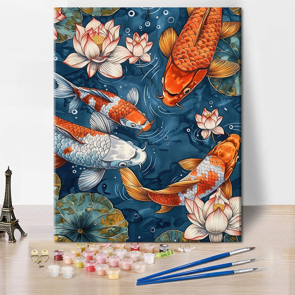 Paint by Numbers Kit for Adults, Adult Paint by Number Kits - Colorful Koi Fish in Serene Lotus Pond with Beautiful Lotus Leaves and Flowers - 16x20 Inch TUMOVO