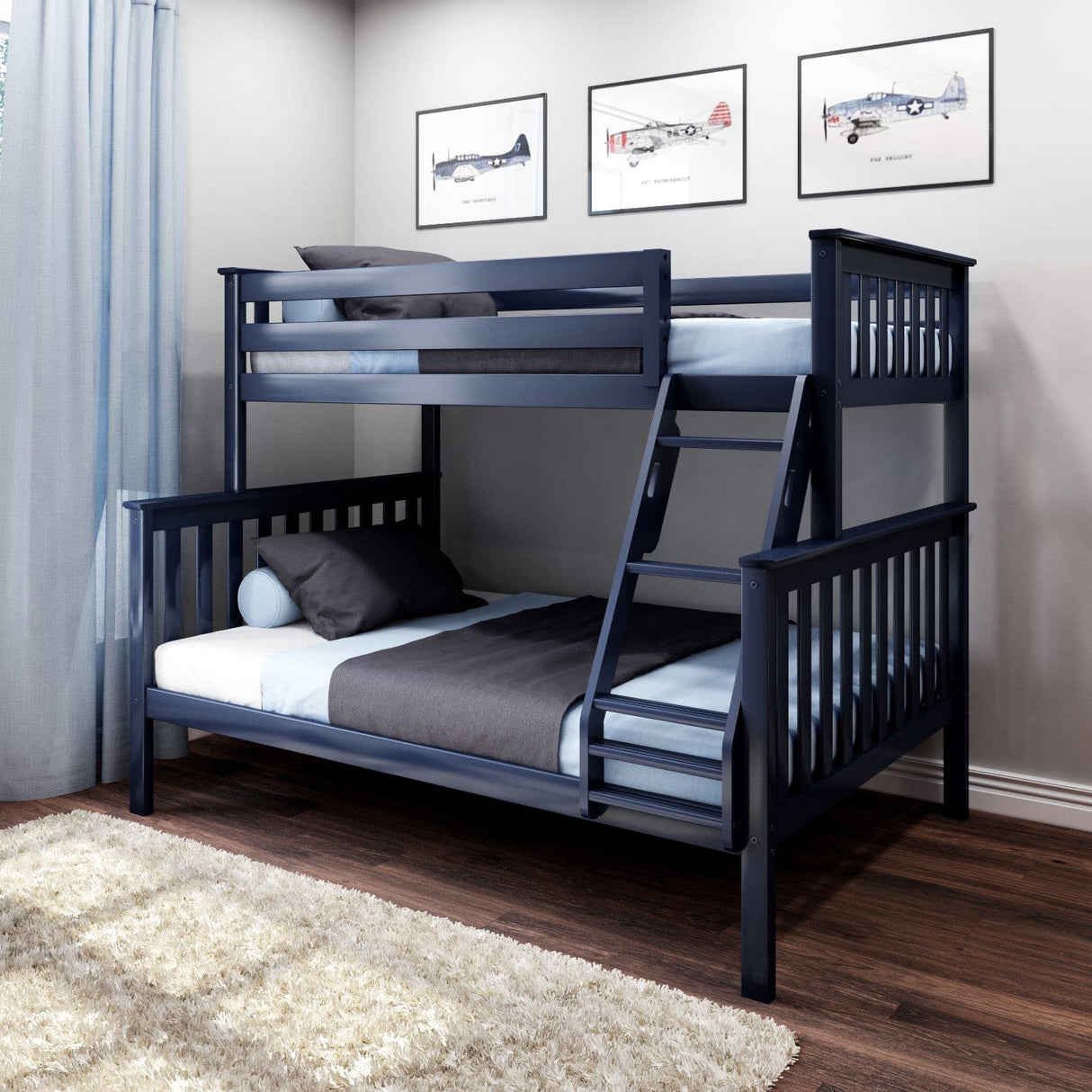 Max & Lily Bunk Bed Twin Over Full Size with Ladder, Solid Wood Platform Bed Frame with Ladder for Kids, 14" Safety Guardrails, Easy Assembly, No Box Spring Needed, Blue Max & Lily