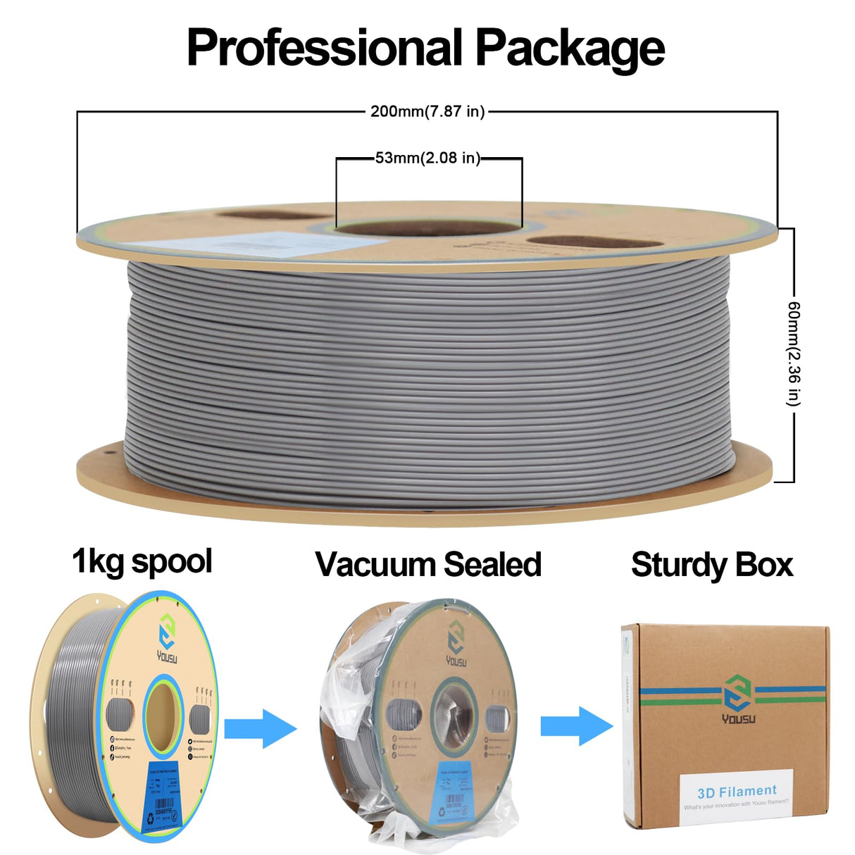 YOUSU PETG 3D Printer Filament 1.75mm Gray 1KG(2.2lbs), Better Physical Strength and Layer Bonding Performance 3D Printing Filament,Dimensional Accuracy +/- 0.02mm,Fits for Most FDM 3D Printers Yousu
