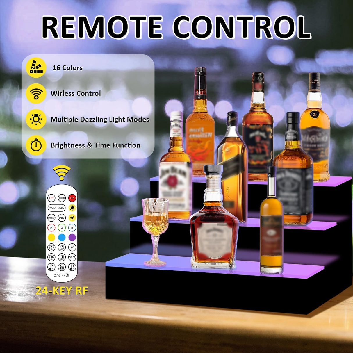 VONCI 16 Inch 3 Step LED Lighted Liquor Bottle Display Shelf, Bar Bottle Display Shelf with Remote Control and App Control for Home Commercial Bar Party VONCI