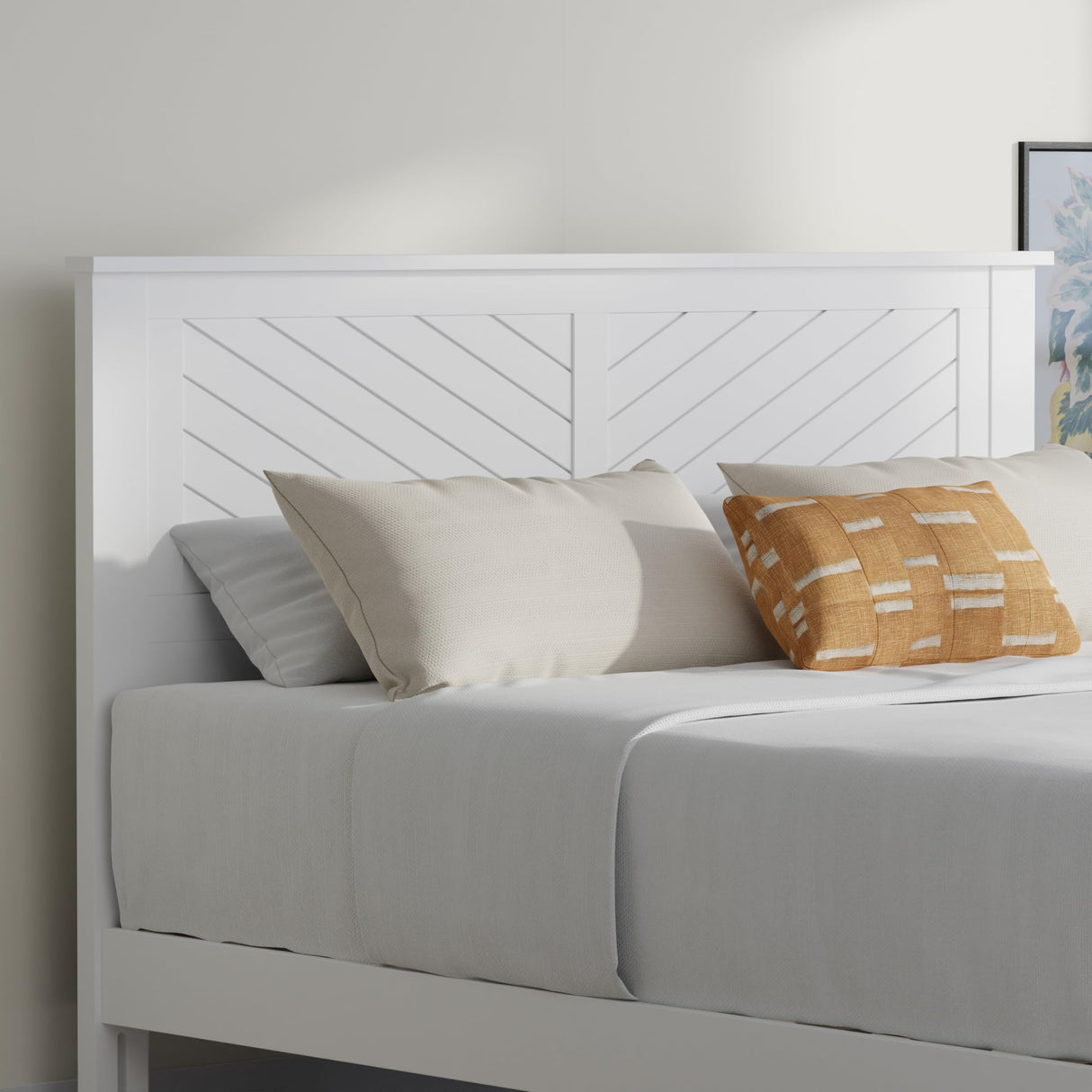 Serene Farmhouse Style Wood Bed Frame in Queen Size with Chevron Scoring Headboard, Coastal Modern Design, Sturdy, Easy Assembly, Ample Underbed Storage, White Finish ComfIQ
