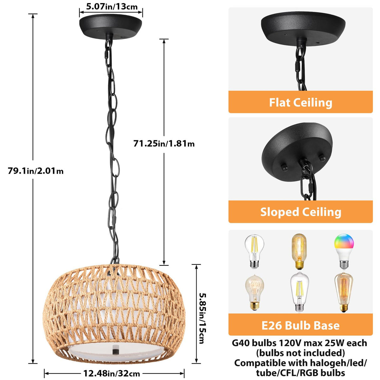 SUNLUMI Farmhouse Rattan Chandelier with 2-Tier Wicker and Fabric Shade, 3-Lights Boho Drum Pendant Light Fixture with Adjustable Chain, Hand-Woven Basket Chandeliers for Dining Living Room Kitchen SUNLUMI