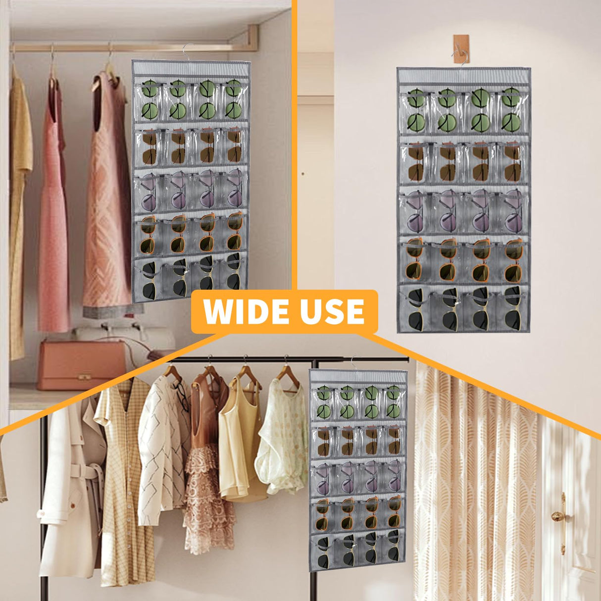 TEMUORG 2 Pcs Sunglasses Organizer Storage Sunglass Holder for Wall Hanging Eyeglass Organizer for Multiple Glasses (GRAY) TEMUORG