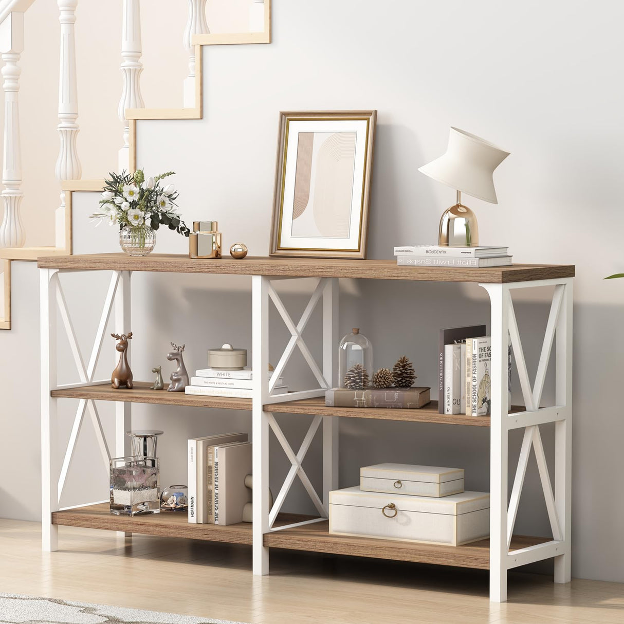 IBF Farmhouse Entryway Table, Wood TV Console Table, Rustic Metal Sofa Table, Industrial Hallway Tables with Storage Shelves, Modern Foyer Tables for Front Entry Way, White and Rustic Oak, 47 Inch IBF