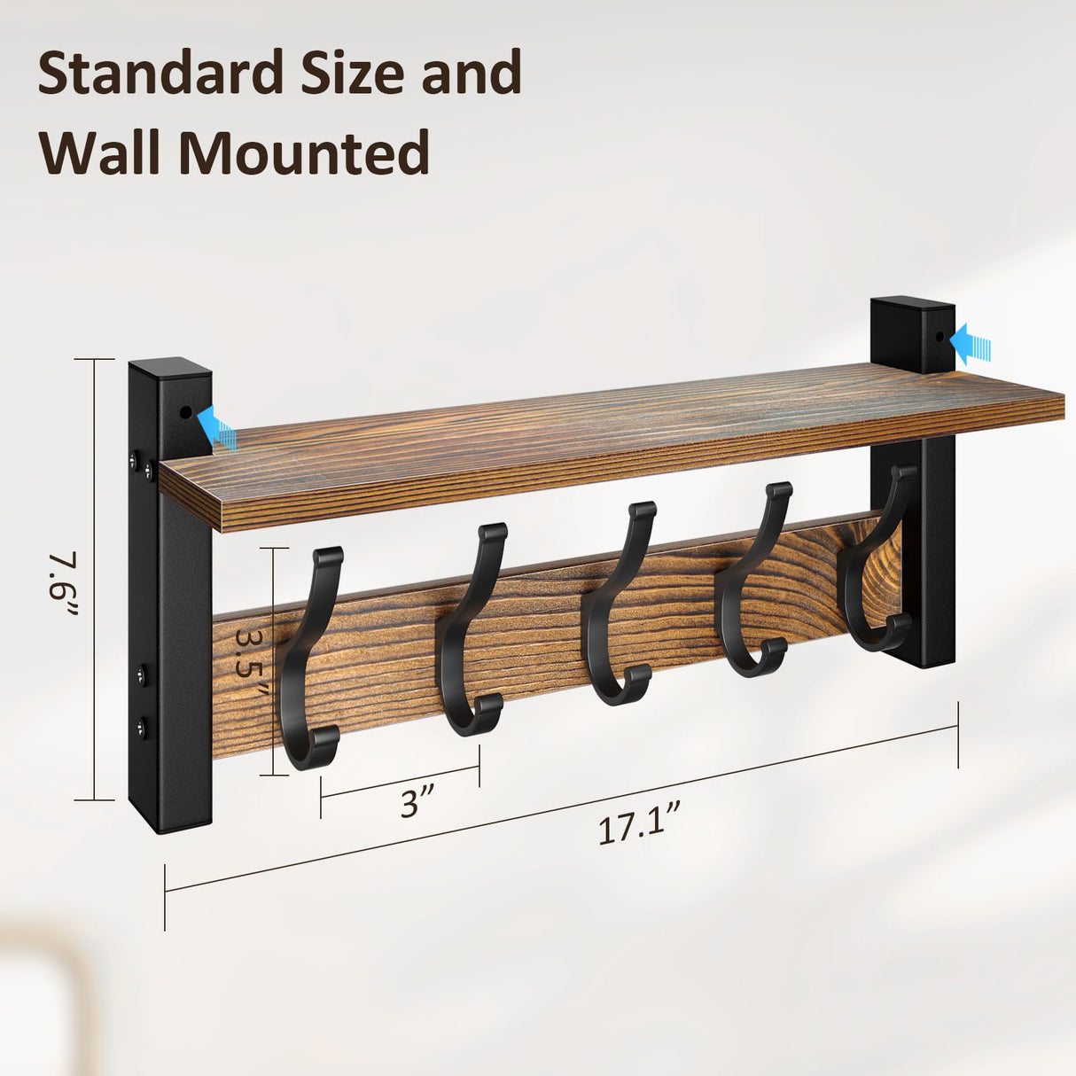 Optish Coat Rack Wall Mount with Shelf, 17.1 Inch Coat Hanger Walls Mounted, Hat Rack for Walls, Shelf with 5 Coat Hooks, Wall Hanger for Entryway (Brown) Optish