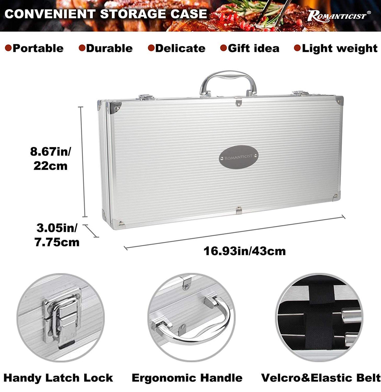 ROMANTICIST 28pc BBQ Accessories Set with Thermometer - The Very Best Grill Gift on Birthday Wedding - Heavy Duty Stainless Steel Grill Set in Case for Outdoor Cooking Camping Grilling Smoking ROMANTICIST