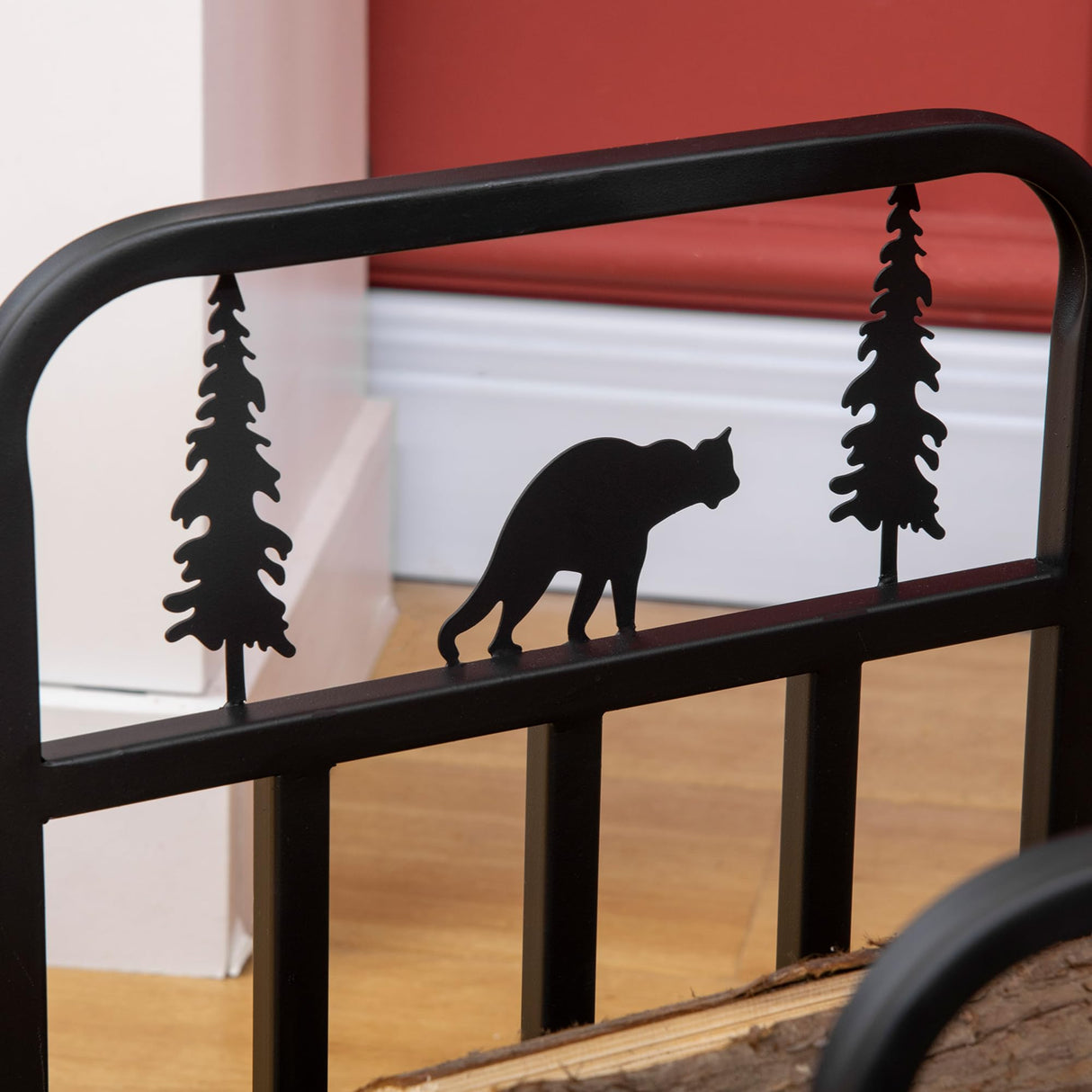 Outsunny Firewood Rack, Indoor Outdoor Firewood Holder, Curved Bottom with Bear and Tree Theme for Fireplace, Wood Stove, Hearth or Fire Pit, Black Outsunny