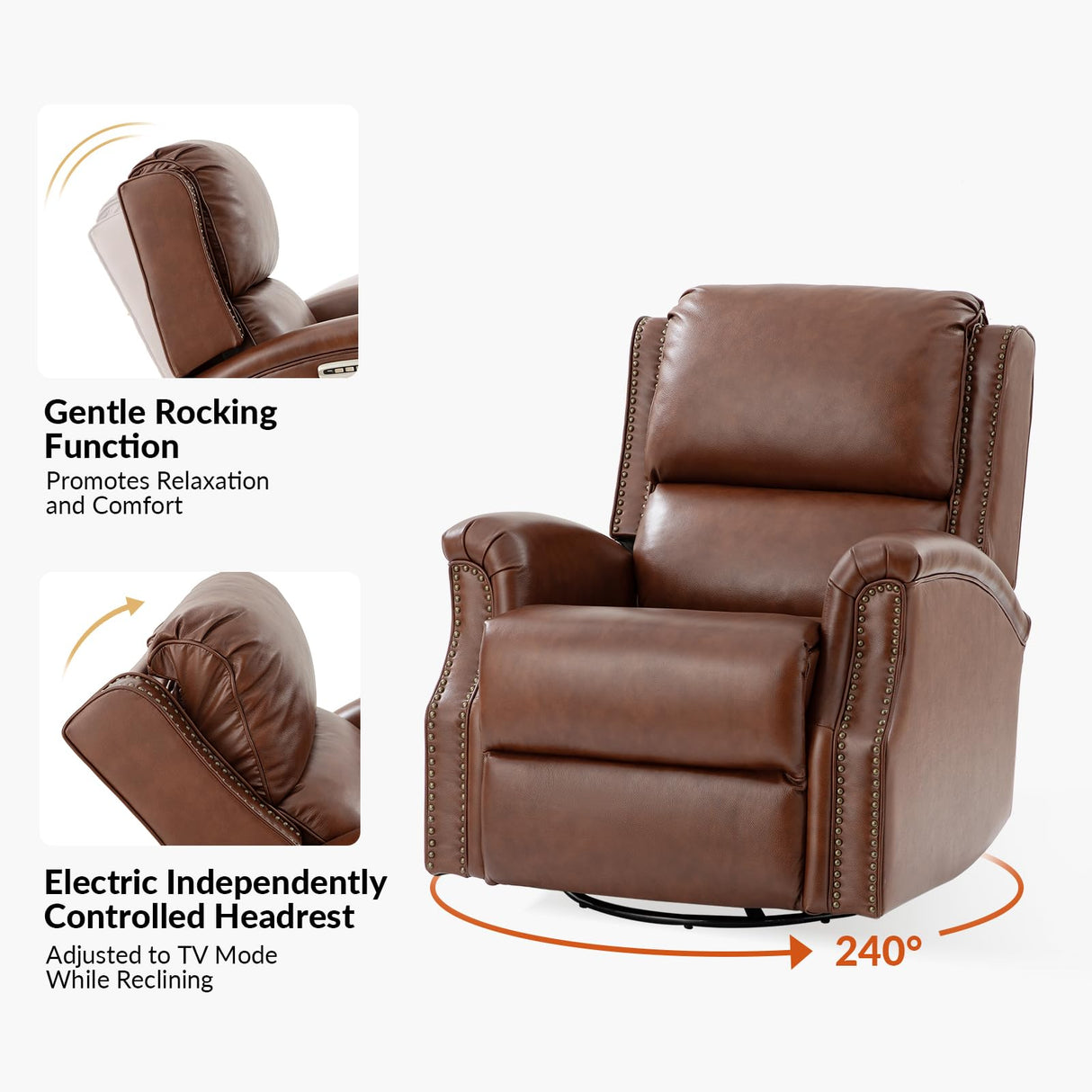 HULALA HOME Genuine Leather Recliner with One-Button Reset, Power Recliner with Electric Lumbar Support and Headrest, Traditional Swivel Rocker Recliner with USB Port and Storage Pocket, Brown HULALA HOME
