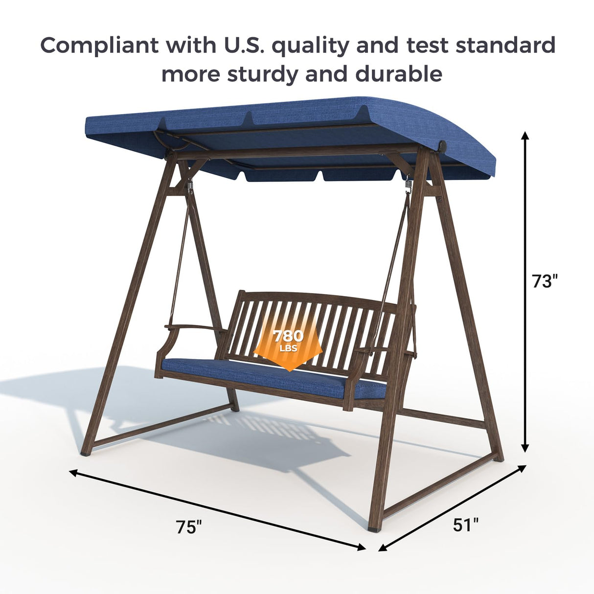 Grand Patio Porch Swing, Outdoor 2-Seat Patio Swing Chair, Adjustable Tilt Canopy, with Removable Cushion, Weather Resistant Powder Coated Painted Woodgrain Frame, Farmhouse Style-Dark Blue Grand patio