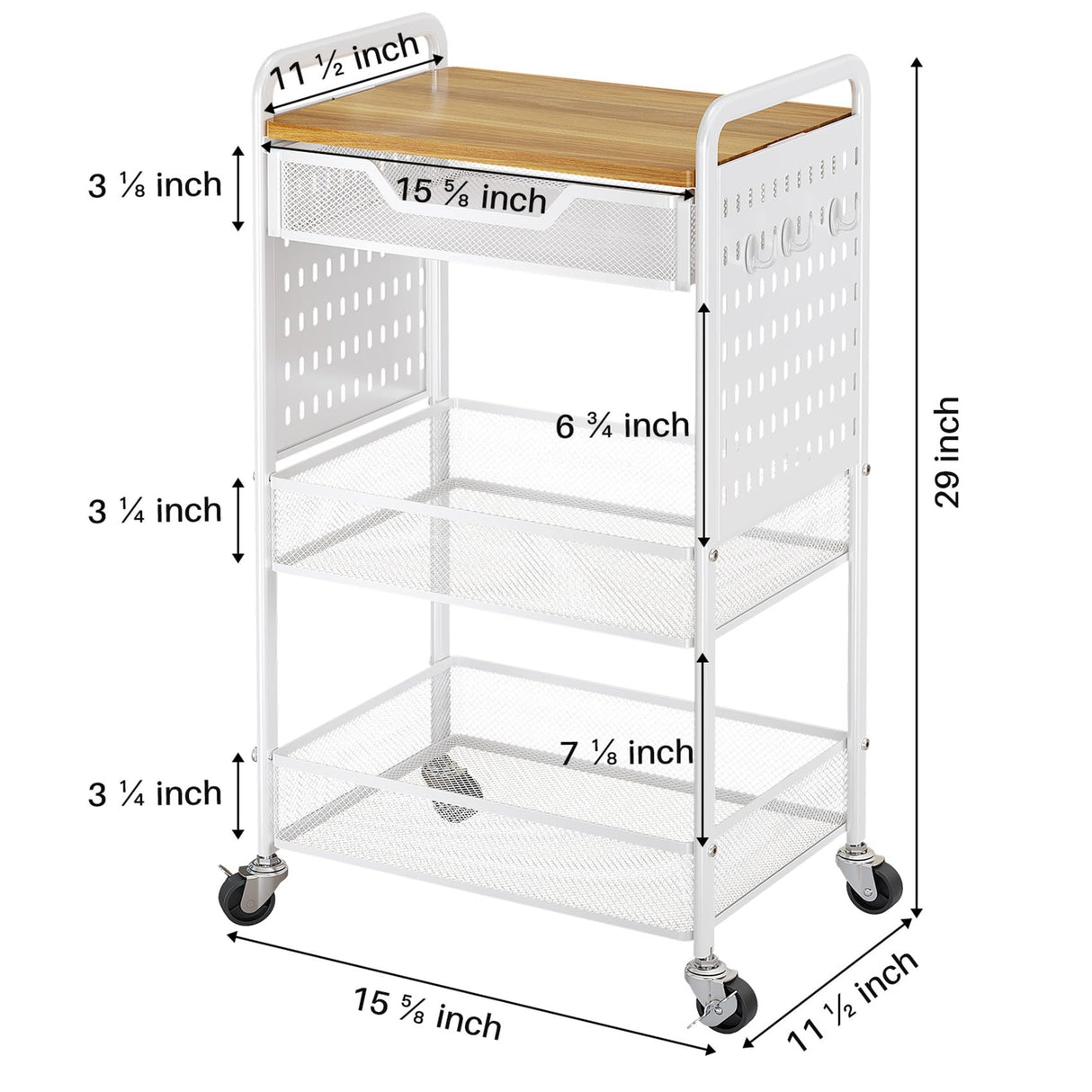 3-Tier Rolling Utility Cart with Wheels - Metal Cart with Wood Tabletop, Slide Drawer and Pegboards & Hooks, Versatile Storage Organizer Cart for Home Office Kitchen, White SNTD