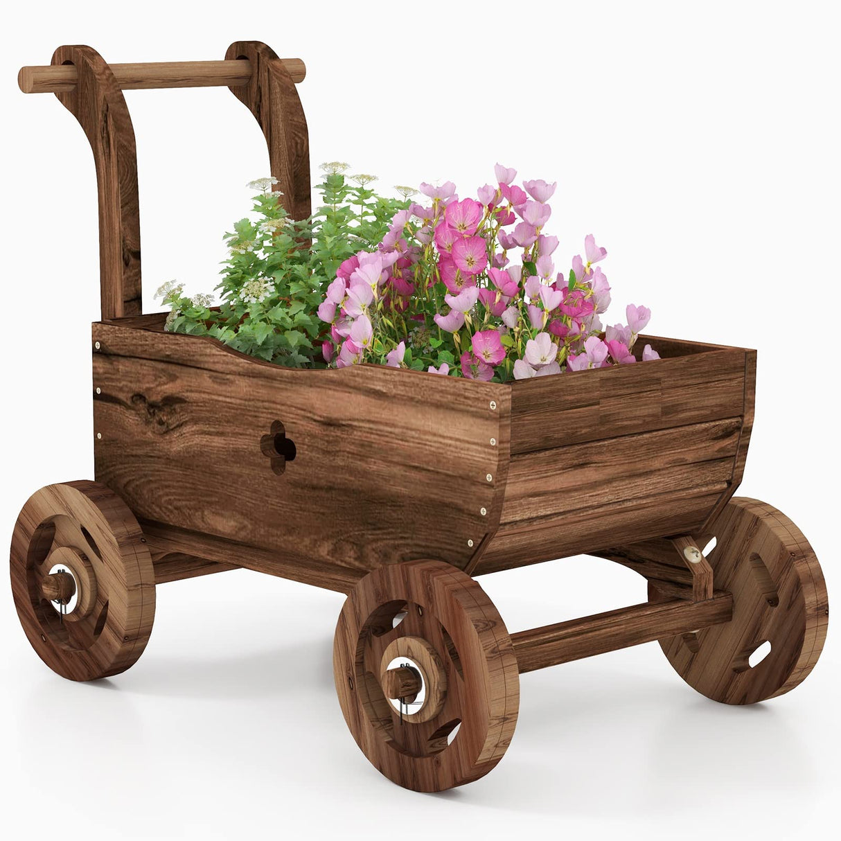 S AFSTAR Wooden Wagon Planter Box, Mobile Garden Planter with 4 Wheels, Handle, Drain Hole, Decorative Flower Planter for Indoor & Outdoor Decor, Wooden Flower Cart for Patio, Garden, Balcony, Brown S AFSTAR