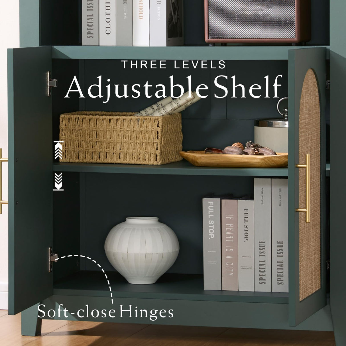RowyPoey Rattan Arched Cabinet Bookshelf - 69.3” Tall Mid Century Display Cabinet, Rounded Bookcase with Rattan Doors, Open Shelf Storage for Dining Room (Green, 1 PC) RowyPoey