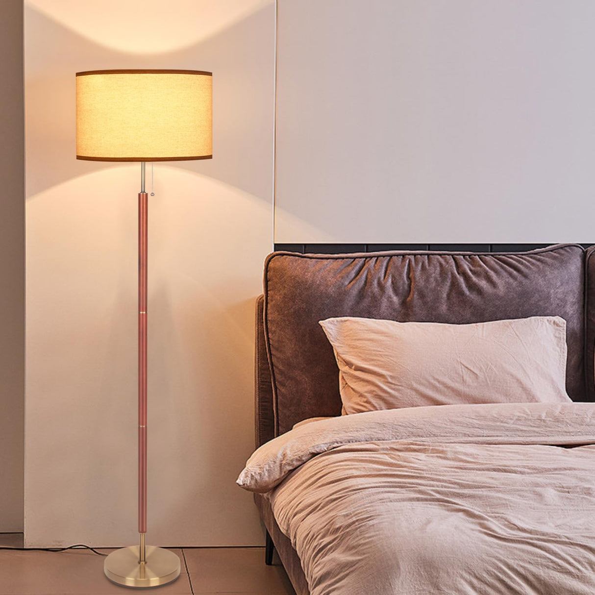 HonoDing Mid-Century Modern Floor Lamp, Walnut Wood Finish, Drum Shade, Living Room Décor (64in, E26 LED) HonoDing