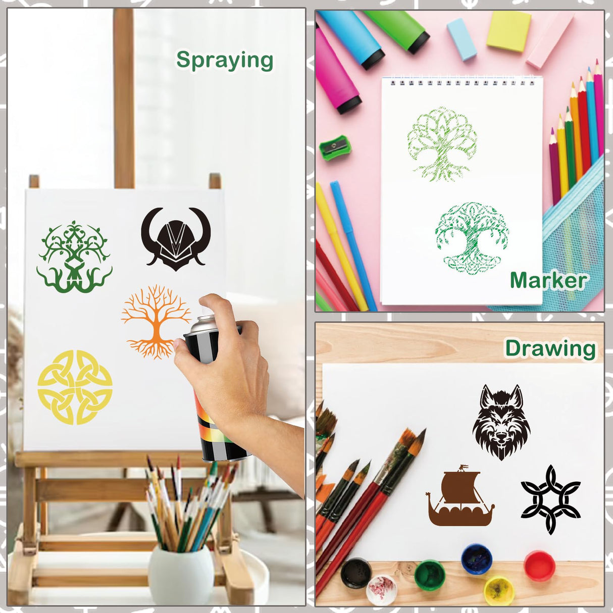 60pcs Runes Stencils for Painting on Wood Burning Patterns Tree of Life Stencils Nature Stencil Tree Paint Template on Art Craft Canvas Wall Fabric Rock (60runes) yhslmh