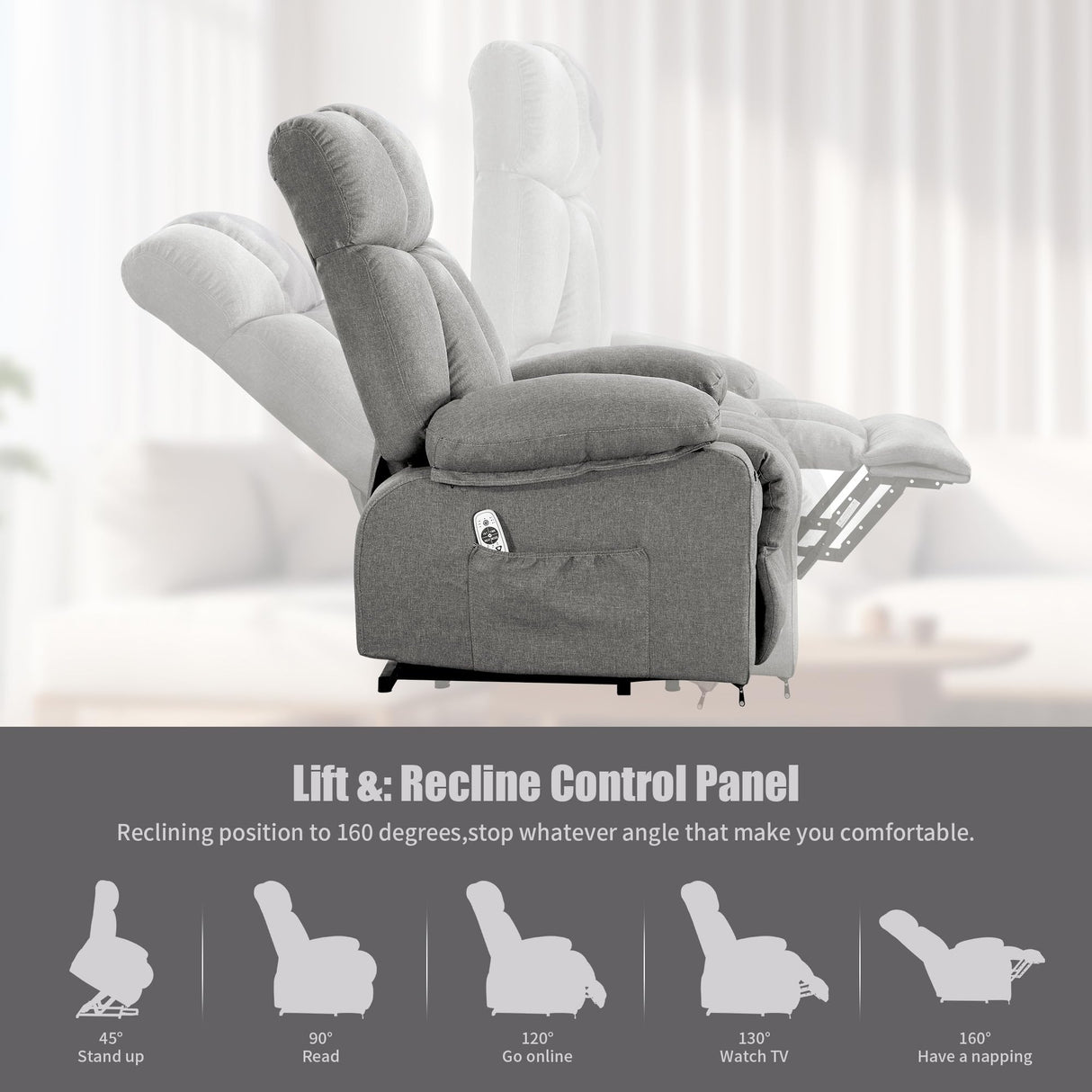 jonpony Oversized Power Lift Recliner Chair for Elderly, Big and Tall Lift Chair with Massage and Heat for Living Room, Fabric Electric Recliner Chairs with 4 Side Pockets, USB Charge Port,Grey jonpony