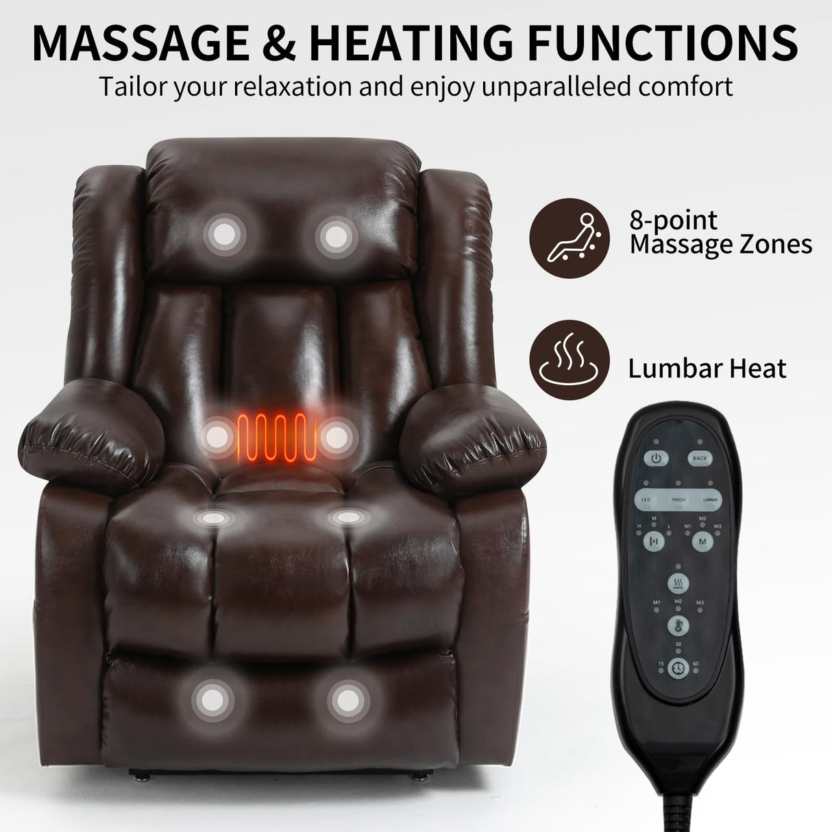 EZZUP Power Lift Chairs for Elderly, Dual Motor Oversized Recliner with 8-Point Vibration Massage and Lumbar Heating, Genuine Leather Electric Recliner Chairs, Antique Brown Recliner EZZUP