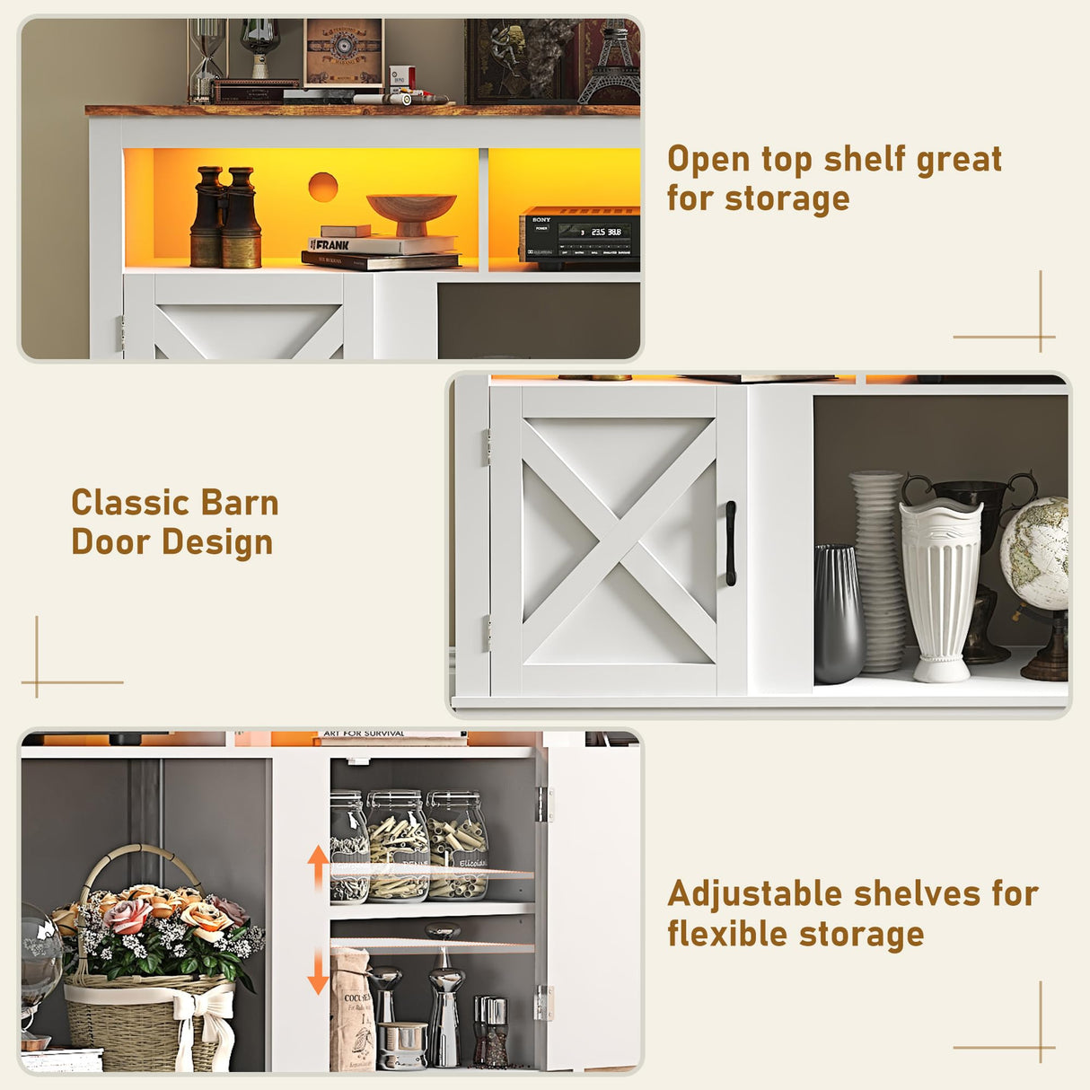 jiteentarou Farmhouse TV Stand for 70/75/80 Inch TV, 32”Tall Entertainment Center w/LED Light, Large Media Console Cabinet w/Barn Doors & Adjustable Shelves for Living Room, White jiteentarou