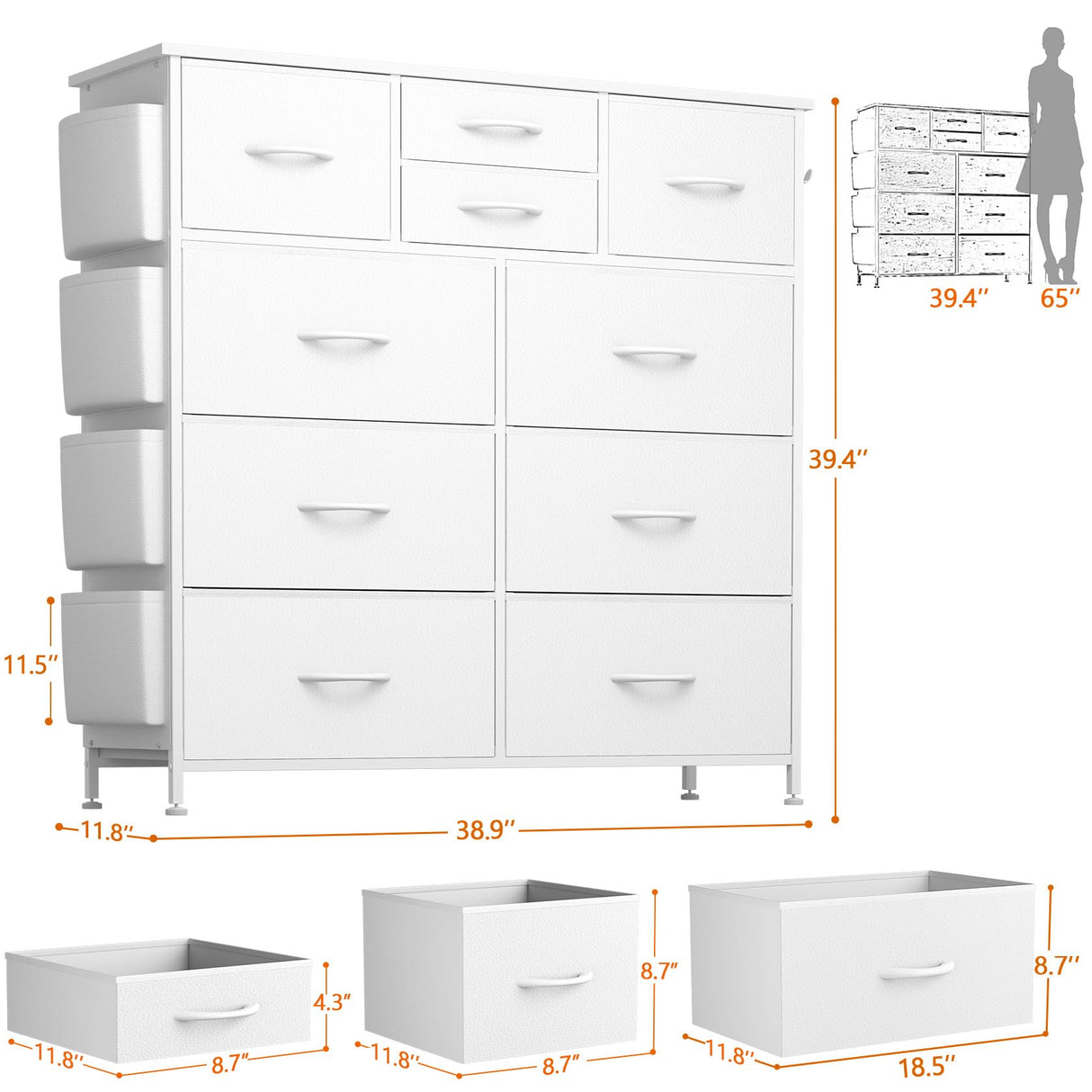 YaFiti 10 Drawer Dresser, Chest of Drawers for Bedroom, PU Dresser with Side Pockets, Hooks, Wooden Top and Sturdy Metal Frame for Living Room, Closet, Hallway (White) YaFiti