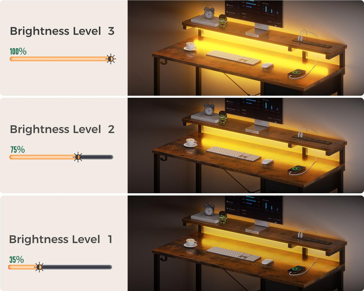 AODK Gaming Desk with LED Lights & Power Outlet, 40 Inch Computer Desk with Drawer, Reversible Desk with Monitor Shelf & Headphone Hook for Home Office AODK