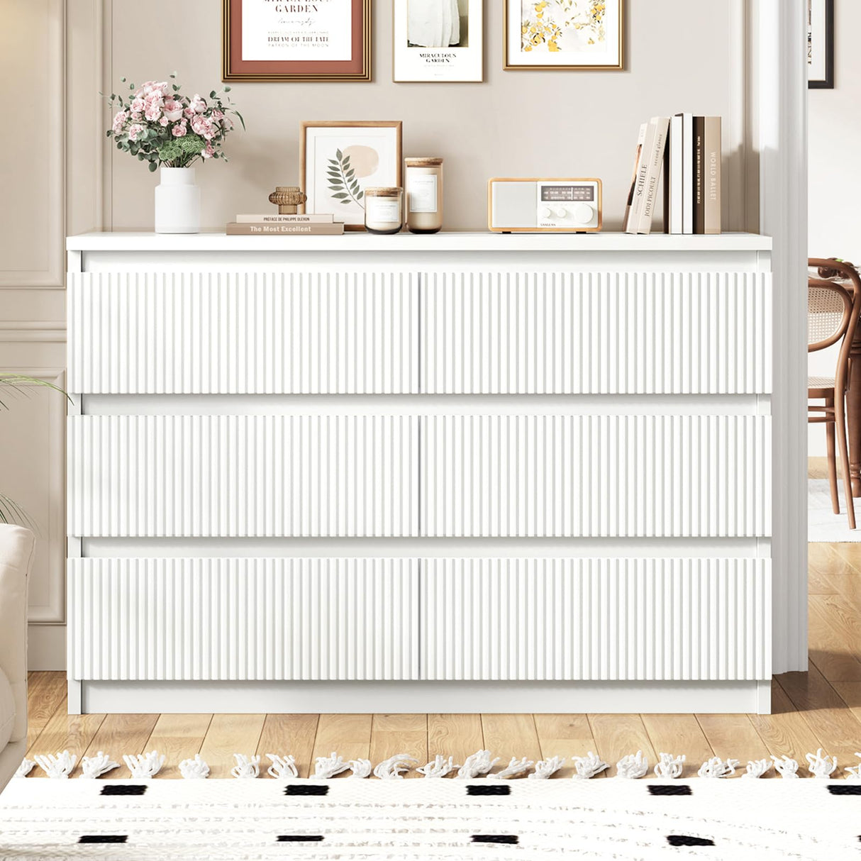 Jocoevol White 6 Drawer Dresser for Bedroom, Modern Fluted Dresser with Deep Drawers, Large Double Wooden Chest of Drawers for Living Room, Hallway, Entryway (White) Jocoevol