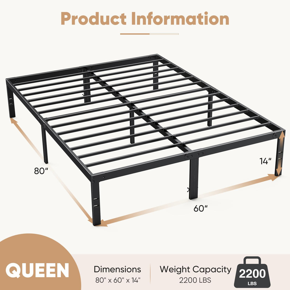 DUMOS Bed Frame - Queen Size Metal Platform Bed Frames Mattress Foundation with Steel Slat Support, No Box Spring Needed, Storage Space Under Base, Easy Assembly, Black DUMOS