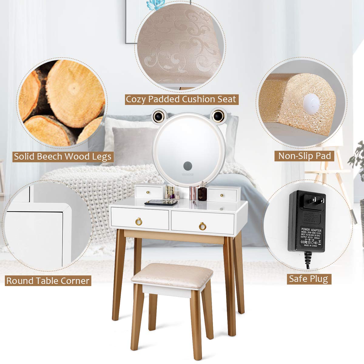 CHARMAID Vanity Set with Lighted Mirror, 3 Color Touch Screen Dimming Mirror with Display, 4 Drawers with Jewelry Organizer, Bedroom Makeup Dressing Table with Cushioned Stool CHARMAID