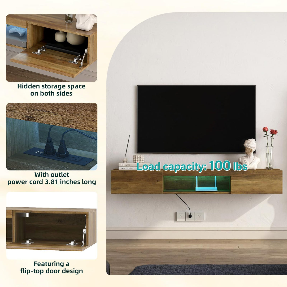Floating TV Stand Shelf for TVs up to 80 Inch, Floating TV Cabinet with LED Light, Modern Wall Mounted Media Console Shelf with Power Outlets, Entertainment Center for Under TV Storage, Brown Msutree