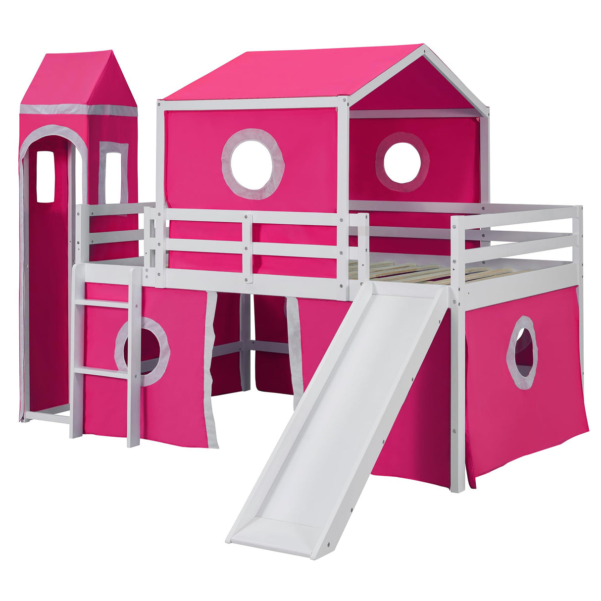 Ball & Cast Full Size Loft Bed with Slide and Tower,Loftkbed w/Ladder & Full-Length Guardrails,Slat Support,No Box Spring Needed,Space Saving,Slat Support,Bedframe for Child's Bedroom,Pink Ball & Cast