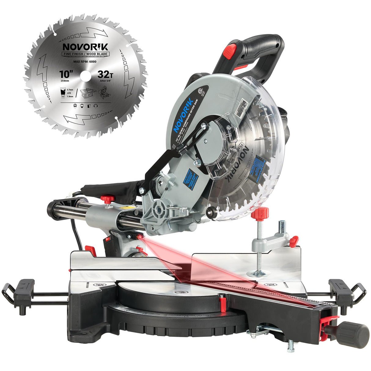 NOVORIK 10" Single Bevel Compound Sliding Miter Saw, Single-Bevel Corded Miter Saw with Laser Guide, 15-Amp Motor Sliding Miter Saw with TCT Saw Blade for Woodworking novorik